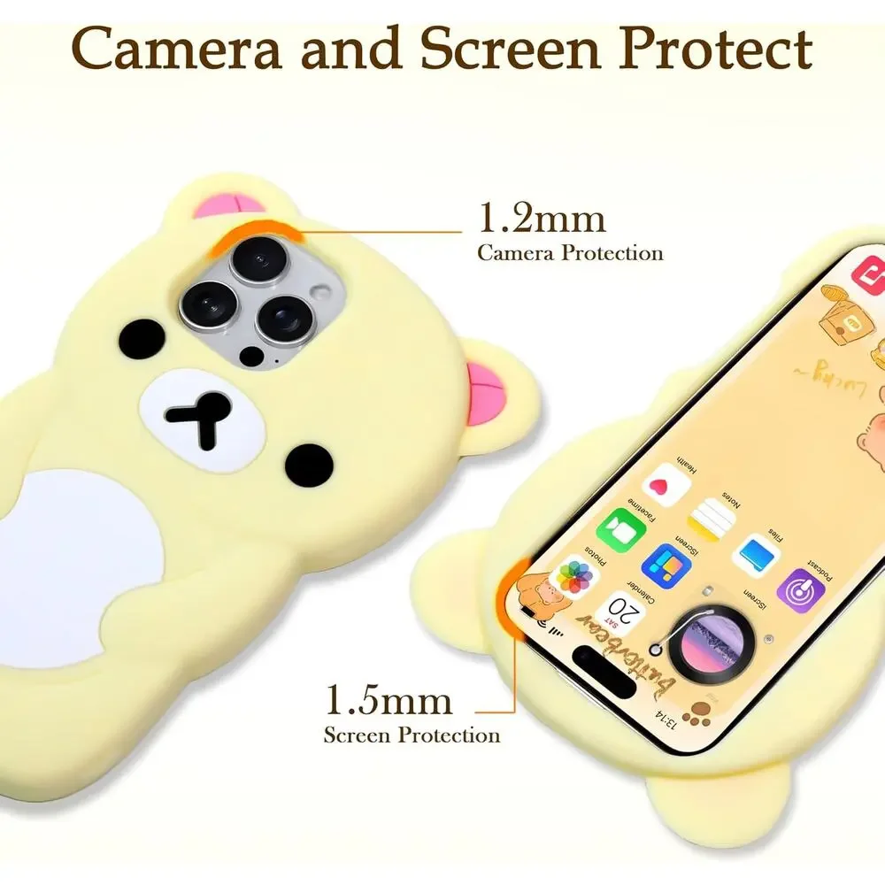 New IAIYOXI Soft Silicone Bear Case iPhone 15 Pro Max Cute 3D Cartoon Yellow